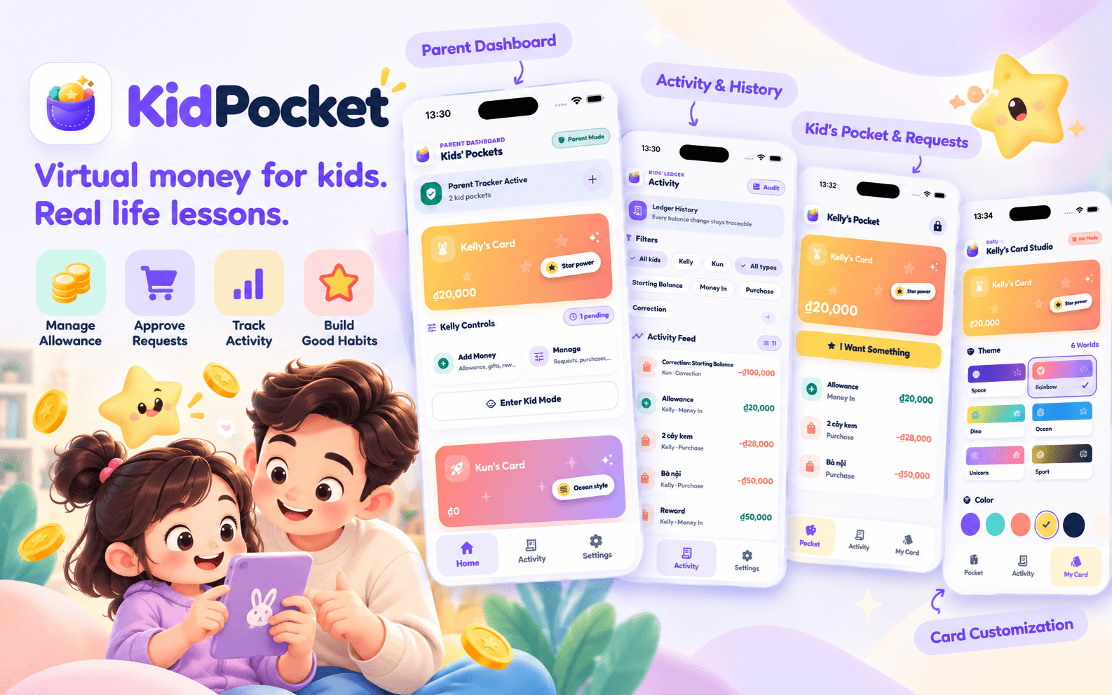 KidPocket illustration with its purple virtual pocket-money card