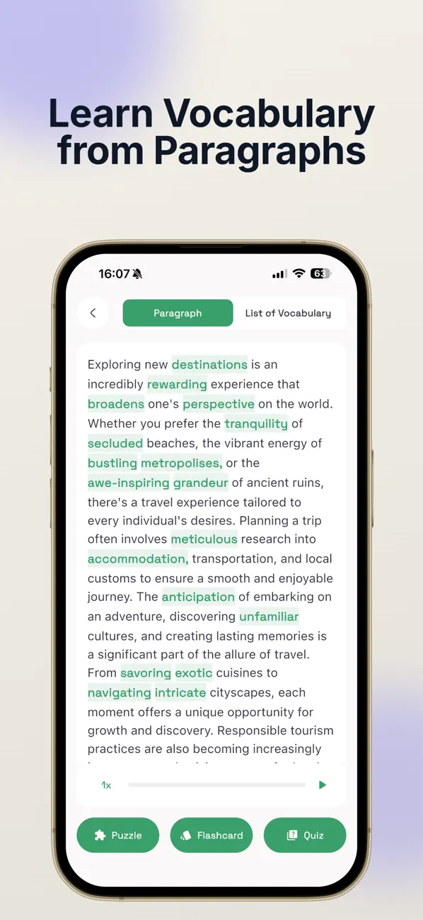 Vokai screenshot showing highlighted vocabulary in a paragraph